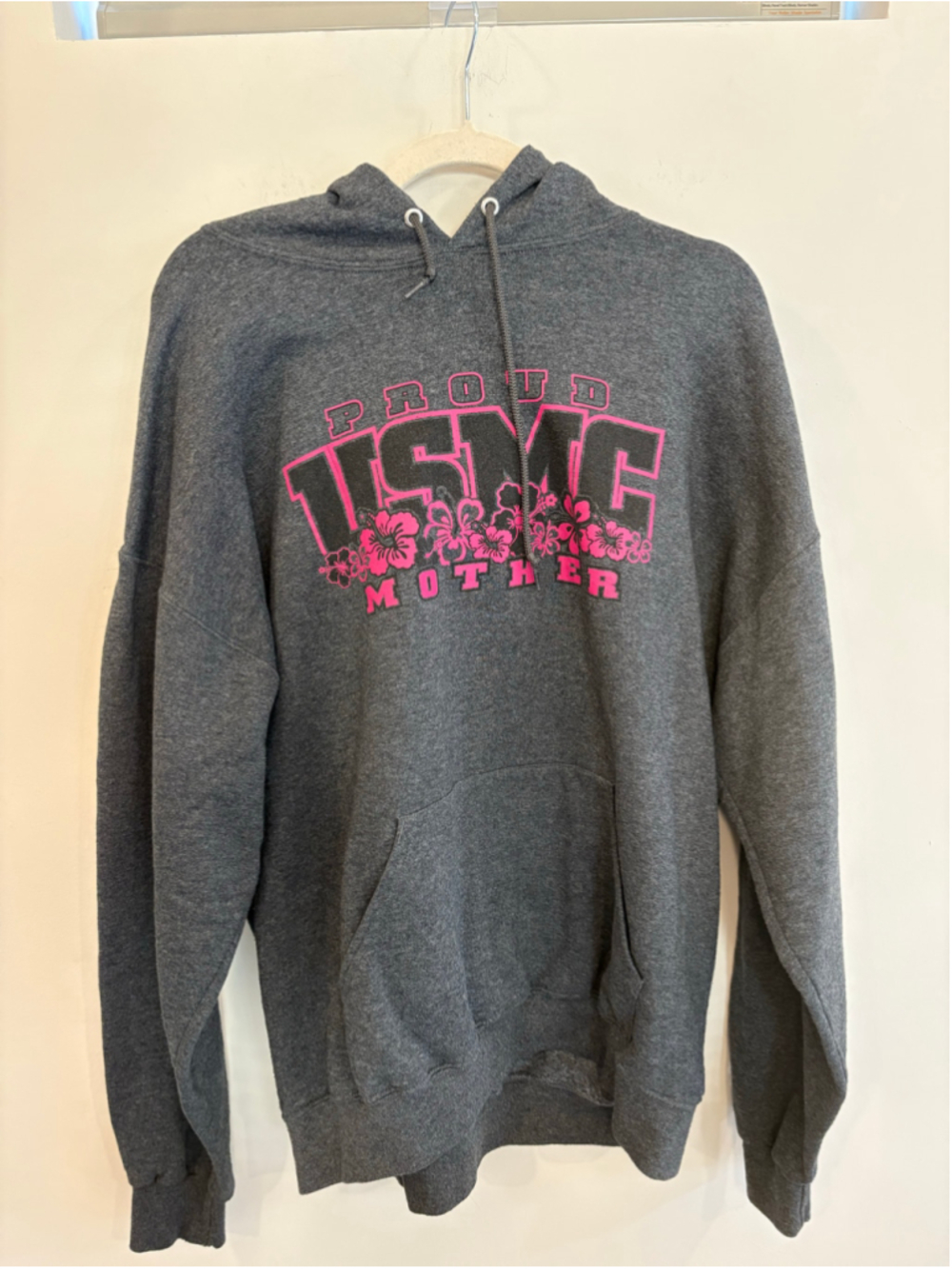 Women's USMC Proud Mother Graphic Hoodie Sweatshirt Grey Pink Size XL
